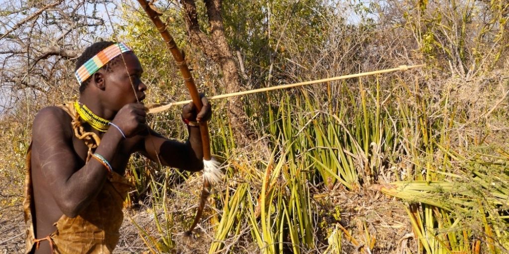 hadzabe man hunting with bow and arrow